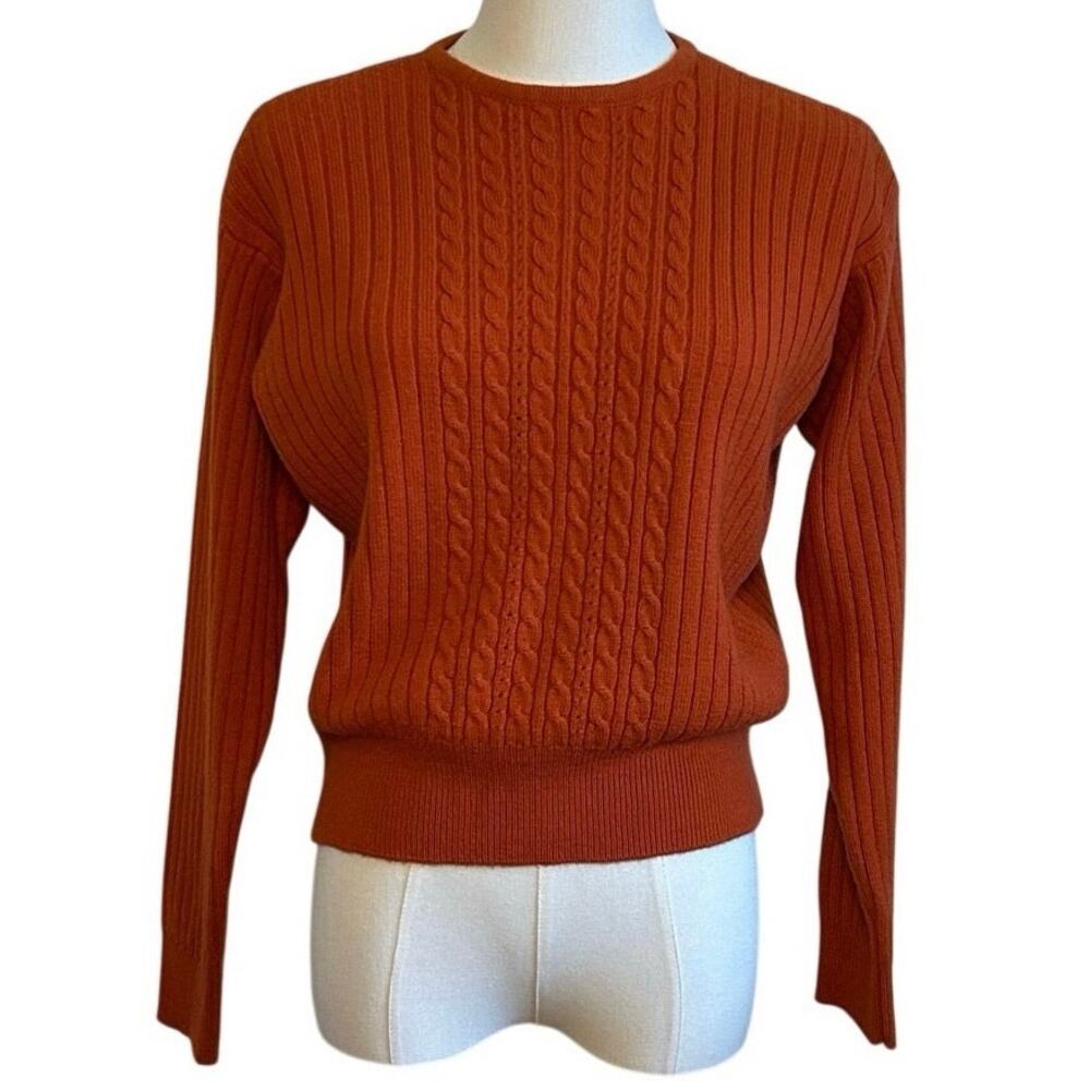 VTG 70s Liz Claiborne Orange Wool Crewneck Pullover Sweater M Cable Knit Cottage